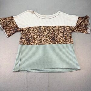 BiBi Colorblock Leopard Waffle Knit Top with Ruffle Sleeves Women's XL Pre-Owned